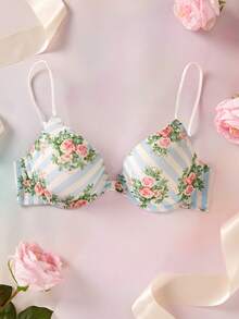 Elorette Sujetador con cierre delantero con estampado floral azul claro, con soporte, de estilo romántico campestre para mujeres - Celeste - Ver 11