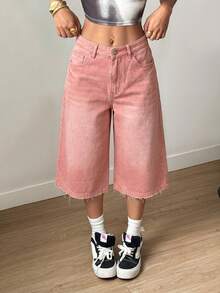 SHEIN EZwear 夏季休閒街頭風水洗寬鬆牛仔短褲 日常白天穿著 柔粉色 周末款 - 米色 - 查看 5
