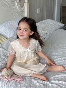 DAZY Baby Girl Lace Patchwork Short Sleeve Loungewear Dress Summer Toddler - White - View 7