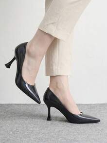 CUCCOO BIZCHIC Zapatos de tacón alto simple con punta puntiaguda de unicolor para mujer, casual para uso diario, vacaciones de primavera, Pascua y Navidad - Nuevo material negro - Ver 3