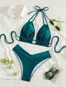 Swim Chiccia 女款夏季海灘素色抓皺掛脖綁帶性感比基尼兩件式泳衣套裝 - 綠色 - 查看 5