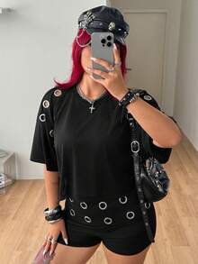 Coolane 女款大尺碼字母刺繡落肩寬鬆休閒短袖圓領T恤 - 黑色 - 查看 5