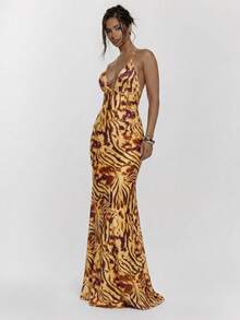 MUSERA Lace Up Front Cup Detail Fitted Animal Print Maxi Dress Sexy Going Out Vacation Autumn Fall Night Out Cute Streetwear Party Elegant Spring Summer - Orange - View 4