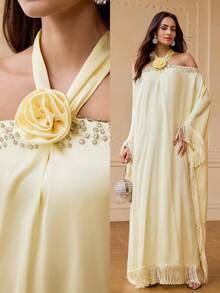 ZEYLAH Abito da donna con spalle scoperte, decorato con strass e fiori 3D - Giallo - Visualizzare 7