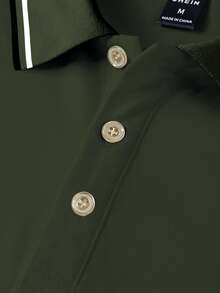 Calvornis 男士夏季休閒拼色飾邊短袖 Polo 衫，儀式場合適用 - 軍綠色 - 查看 6