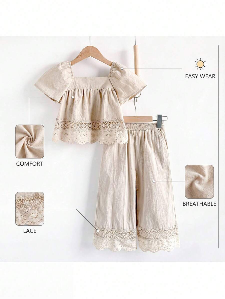 Loomiva Young Girl Retro Countryside Square Collar Puff Sleeve Top & Straight Leg Ruffle Hem Pants Set,Fashion Simple Outfit For Outdoor,School,Summer - Khaki - View 1