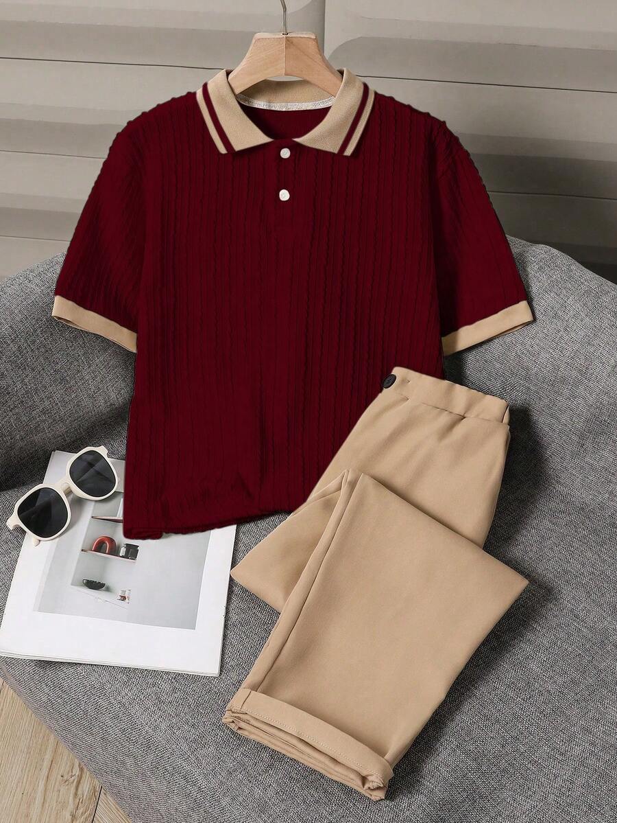 SHEIN 2件組青少年男孩紳士短袖POLO衫+長褲套裝,優雅正式服裝,適用於生日派對、晚會、表演、婚禮、滿月、洗禮、1歲生日、生日、婚禮、畢業典禮、婚禮賓客、花童、戒童 - 酒紅色 - 查看 1