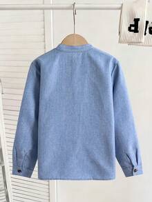 Casuvi Kids 1件極簡休閒純色立領開襟長袖襯衫，舒適面料，貼身剪裁，適合正式場合與度假休閒，多季節百搭 - 藍色 - 查看 2
