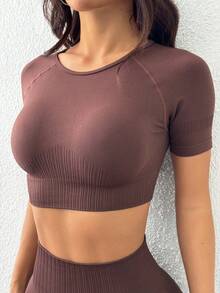 SHEIN Core Rhythm Set Olahraga Wanita Tanpa Jahitan, Lengan Pendek Olahraga, Celana Pendek Olahraga, Pengangkat Bokong dan Pelangsing, Set Seksi Multi-Potong, Set Kombinasi - MultiWarna - View 5