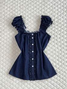 Elamini Women's Summer Casual Front Button Cross Tie Waist Denim Top - Dark Wash - View 3