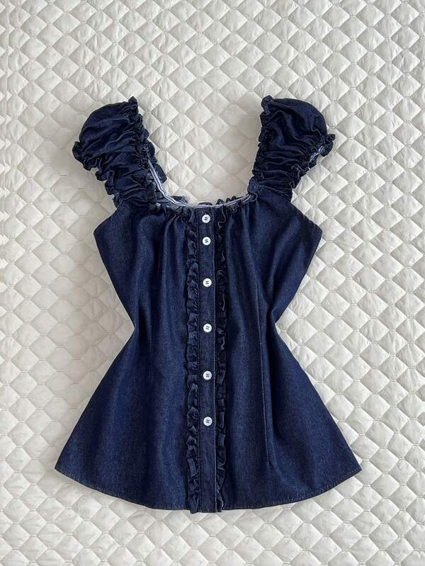 Elamini Áo denim nữ mùa hè phong cách thường ngày, cài nút trước, thắt dây chéo eo
