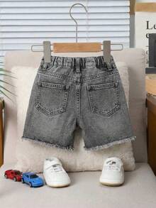 SHEIN 男嬰口袋卡通恐龍圖案毛邊休閒牛仔短褲 - 淺灰色 - 查看 2