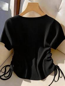GlowEve CURVE Plus Size Best-Selling Elegant V-Neck Solid Color Ribbed Knit T-Shirt, Slimming Waist Drawstring Single-Breasted Design, Suitable For Daily Commute, Versatile For Gatherings And Outings - Black - View 2