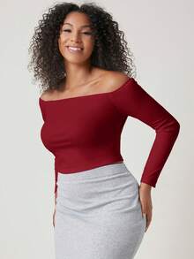 SHEIN BASICS 大尺碼女款素色露肩修身百搭休閒長袖T恤 - 酒紅色 - 查看 6