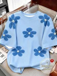 SHEIN Essnce 休閒簡約藍色底仿毛巾刺繡定位花卉印花圓領短袖寬鬆女款T恤，適合春夏季 - 彩色 - 查看 1