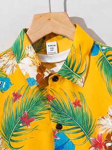 SHEIN Kemeja Tenun Lengan Pendek Berkerah Terbuka Depan dengan Motif Garis-garis Kasual untuk Anak Laki-laki Remaja - Kuning - View 6