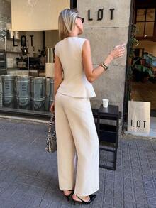 Siren Gaze Luxury-Inspired Sleeveless Linen Two-Piece Set: Cream-Colored Off-Shoulder Top With Decorative Buttons + Loose Wide-Leg Pants. Breathable Summer Set - Apricot - View 2