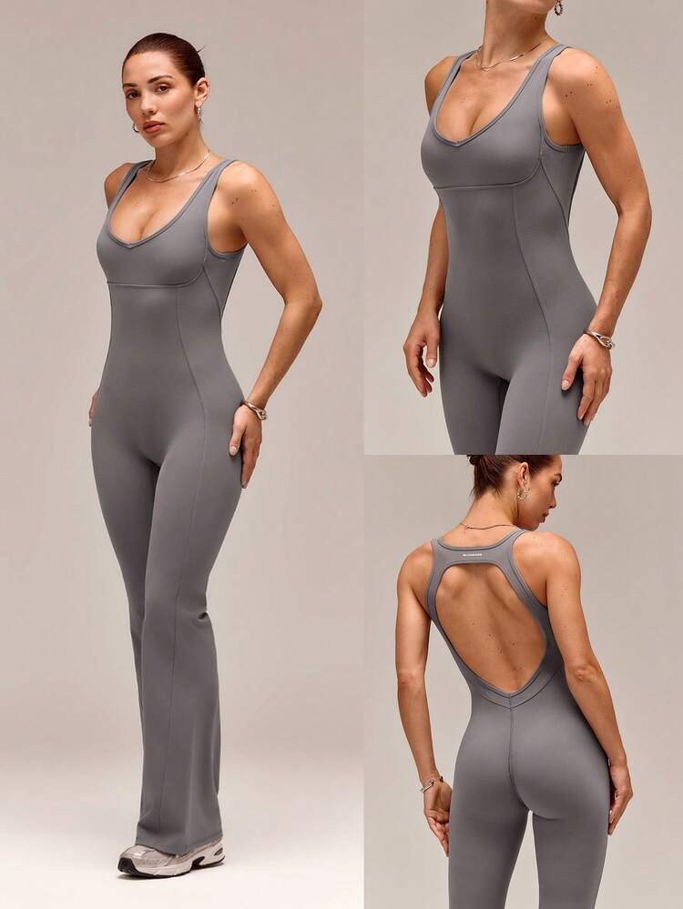 31" Quick-Dry Find Your Flare Open Back Flare Jumpsuit Bodysuit With Corset Details Removable Cups Low Impact Yoga Pilates Studio Daily Active Wear