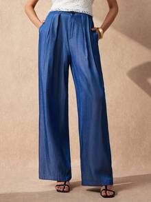 SHEIN Uhlyne Women's Solid Color Fashion Versatile Pocket Button Casual Elegant Long Pants Office Blue Autumn - Blue - View 5