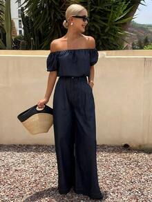Dazy Tall Women's Off-Shoulder Cropped Top And Loose Straight Leg Jeans Vacation Set - Dark Wash - View 3