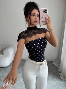 SHEIN Elenzya 女款夏季性感對比蕾絲波點印花修身上衣 - 黑與白 - 查看 5