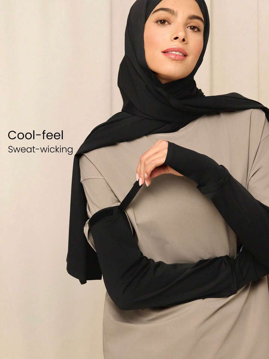 GLOWMODE Modest Cooling Glow Quick-Dry Sun-Proof Adjustable Cuffs Reflective Logo Thumbholes Relaxed-Fit Arm Sleeves Training Gym Studio Daily Active Wear - Black - View 1