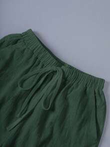 SHEIN EMERY ROSE CURVE Plus Size Vacation Washed Cotton Cinched Waist Back Pocket Button Decor Women's Short Top - Dark Green - View 6