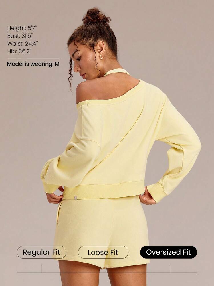 Everyday Terry GlowOff Soft Breathable Sweat-Wicking Oversized Loose Fit Off-Shoulder Pullover Sweatshirt Daily Casual Wear