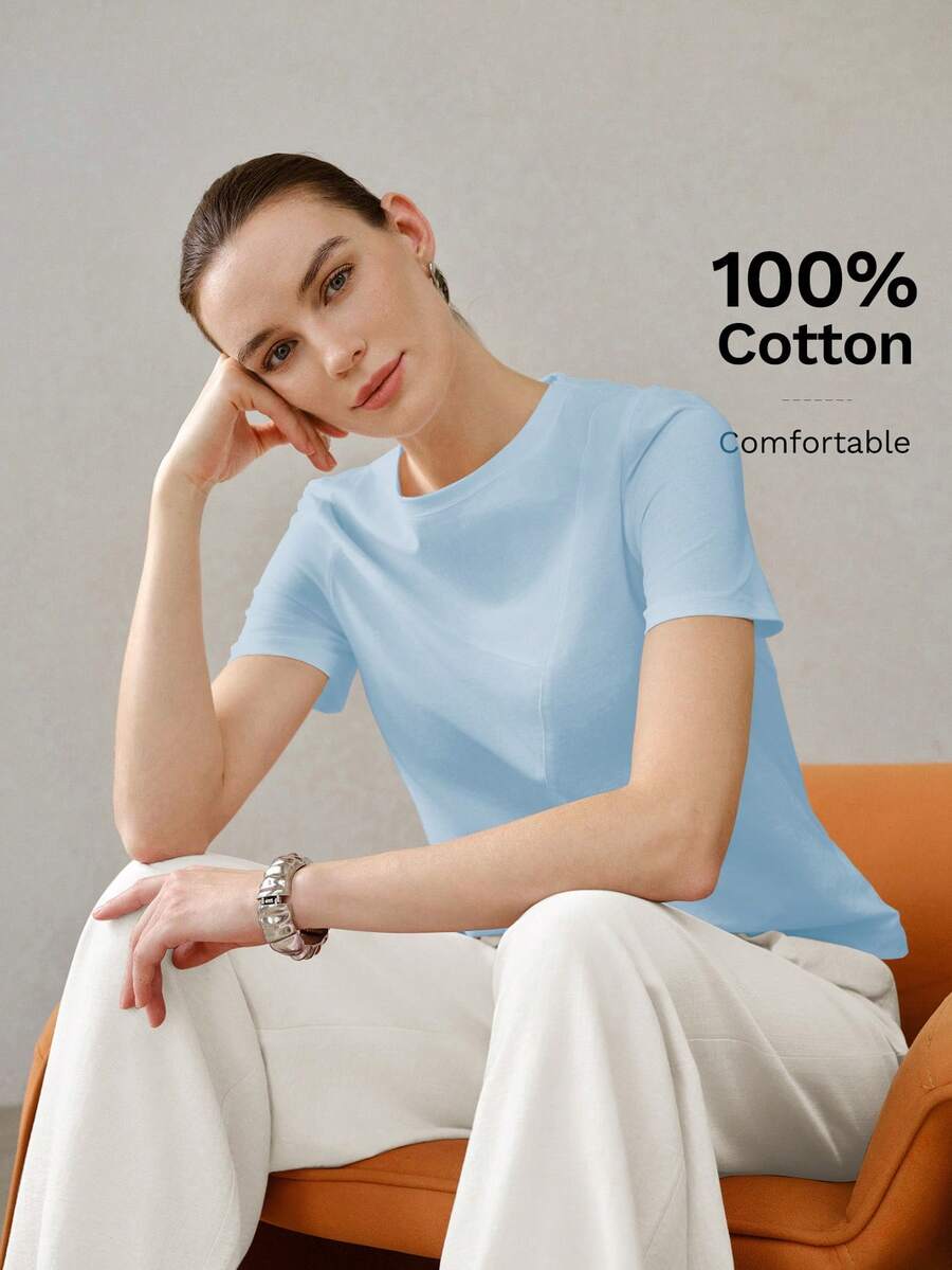 MOTF PREMIUM CAMISETA DE MANGA CORTA CON CUELLO REDONDO DE COLOR UNIDO VERSÁTIL PARA MUJER EN VERANO - Azul - Ver 1