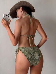 Swim SXY Women's Butterfly Sage Green Print Metal Decor Bikini Top, Bottom And Skirt 3-Piece Set, Sweet Tropical Summer Beach Vacation Party Back To School - Green - View 5