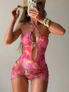Swim SXY Spring/Summer Sun Beach Swimsuit Sexy Random Print Halter Neck Beaded Metal Trim Decor High Cut Women's One Piece Swimsuit - Multicolor - View 1