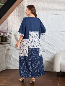 Lacomfia Robe élégante pour femmes grande taille, manches mi-longues, patchwork floral discret, col rond, style décontracté pour le travail et les vacances - Multicolore - Voir 2