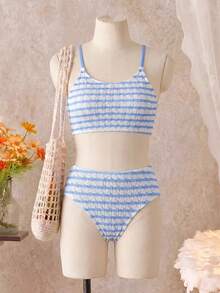 SHEIN Tween Girls Striped Bikini Sets, Casual Two Pieces Swimwear With Triangle Bottom Design, Suitable For Vacation, Beach, Summer Blue And White Stripe - Blue - View 3