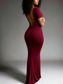 INAWLY Solva Women's Solid Color Elegant Elegant Mermaid Hem Dress Evening Formal - Burgundy - View 3
