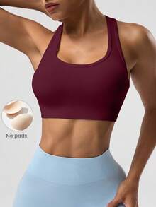 Seamluxe SHEIN Sport Women's Solid Color Sleeveless Cropped Athletic Fitted Yoga Racerback Tank Top - Burgundy - View 3