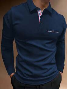 Manfinity Homme Men Plaid Print Polo Shirt, Fall, Long Sleeve Top - Navy Blue - View 4