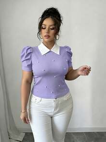 Elenzga 夏季珍珠裝飾 3D 泡泡袖法式復古風短版修身大尺碼 T-shirt - 淡紫色 - 查看 3