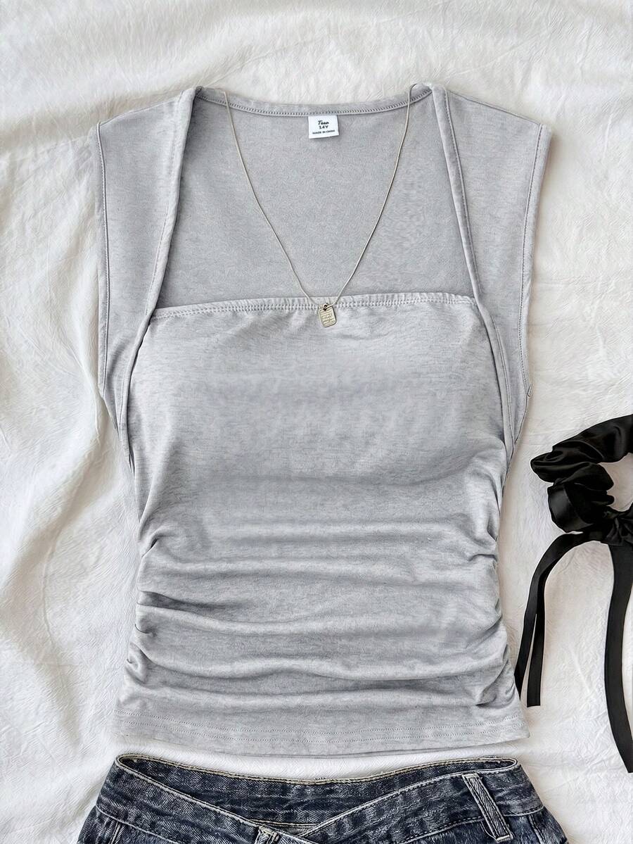 SHEIN Teen Girls T-Shirts Summer Solid Ruched Side Tank Top - Grey - View 1