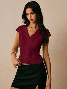 Poéselle Women's Summer Casual Solid Color Waist-Defining Blouse - Burgundy - View 5