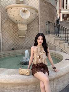 SHEIN MOD Women's Brown Sequin Mini Skirt With Tie-Up Low Waist,Side Slit,Summer 70s Party Bling Rave Festival Halloween Goth Western Style Drawstring Skirt - Coffee Brown - View 8