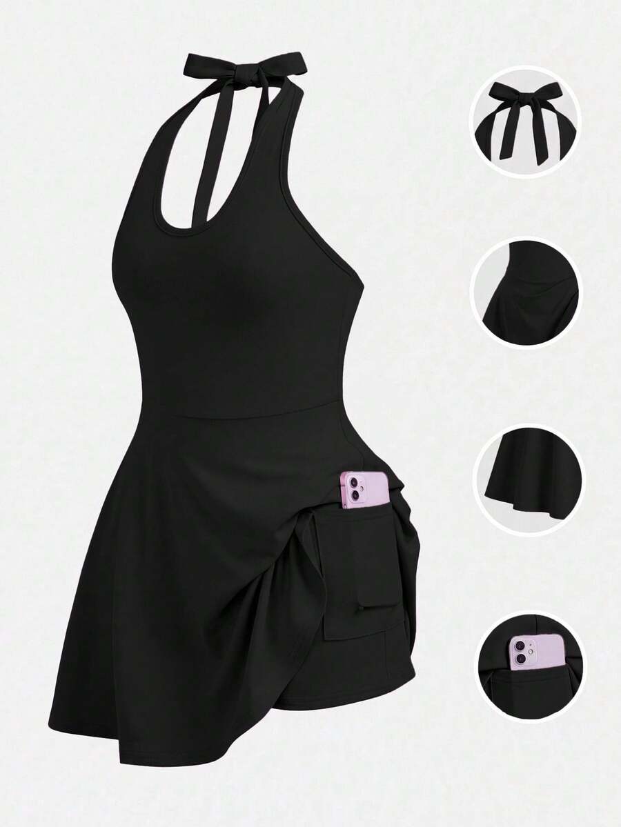SHEIN Girlism 青少年女孩青少年女孩針織黑色修身蝴蝶結休閒優雅洋裝 - 黑色 - 查看 1