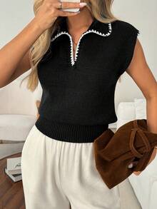 SHEIN LUNE Top de punto con cuello en V y ribete de contraste, conjunto básico de moda casual para mujer, ideal para vacaciones de verano, ir al trabajo, uso diario y salidas - Negro - Ver 1