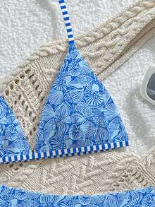SHEIN Teen Girls 2pcs Reversible Swimwear Set, Halter Top With Adjustable Buckle And Triangle Bikini Bottom, Shell & Stripe Print Knit Fabric, Casual Style For Summer Beach, Pool, Vacation, Summer Holiday Party - Multicolor - View 8