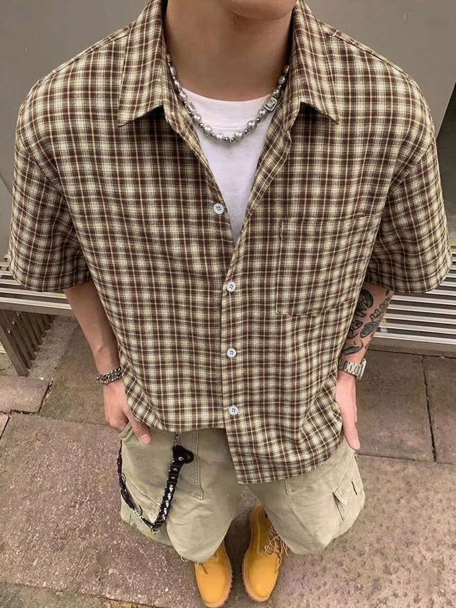 STEELVANCE 男士大尺碼襯衫,男士小格紋短袖襯衫,單口袋經典款,適合正式或休閒場合,休閒度假、晚餐聚會、簡約辦公、居家休閒穿著,百搭風格,適合自用或送給朋友的禮物,熱銷舒適面料襯衫 - 彩色 - 查看 1