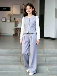 Girls' Colorblock Pearl Decor Cardigan Shacket, Casual Pants - Grey - View 4