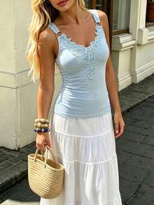 Selianne Women's Spring/Summer V-Neck Lace Patchwork Shoulder Strap Metal Decor Casual Elegant Romantic Beach Brunch Vacation Solid Color Tank Top Light Blue - Blue - View 4