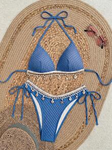 Swim Vcay Set Bikini Wanita Springbreak Warna Solid dengan Motif Tekstur, Atasan Bikini Model Halter Neck dan Bawahan Segitiga, Cocok untuk Liburan Musim Panas dan Pesta Pantai. - Royal Blue - View 1