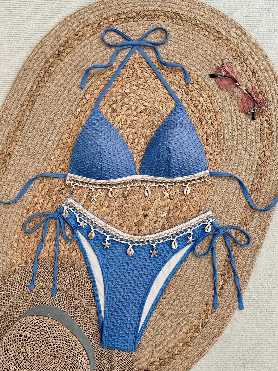 Swim Vcay Set Bikini Wanita Springbreak Warna Solid dengan Motif Tekstur, Atasan Bikini Model Halter Neck dan Bawahan Segitiga, Cocok untuk Liburan Musim Panas dan Pesta Pantai. - Royal Blue - View 1