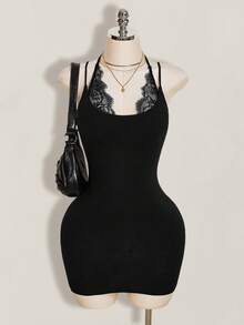 SHEIN ICON Women's Summer Sexy Lace Patchwork Backless Halter Neck Fitted Mini Dress - Black - View 1