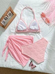 SHEIN 女童泳衣套裝 3 件組 粉色系列 兒童分體比基尼泳裝 海灘度假派對 春夏款 - 彩色 - 查看 2